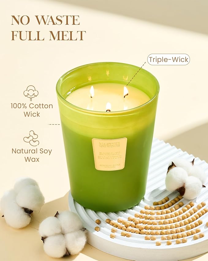 M&SENSE Rosemary Eucalyptus Scented Candle 35oz 150H Burn Time Long Lasting, 3-Wick Natural Aromatherapy Fall Winter Candle Highly Scented, Home Fragrance Housewarming Festival Gifts - Bloomnest