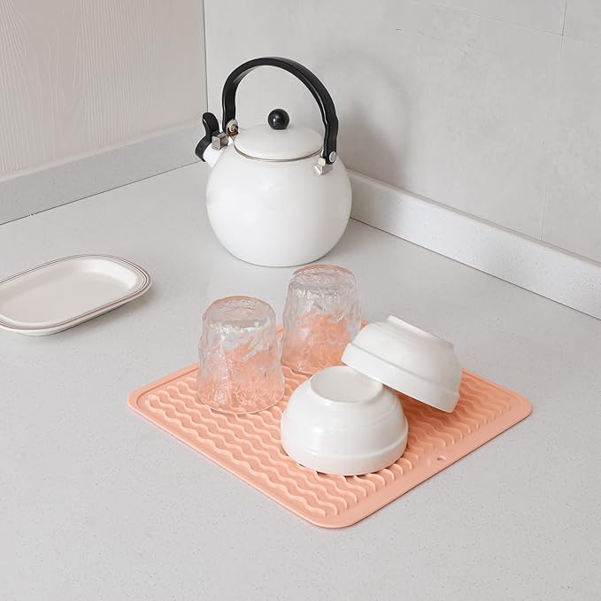 Silicone Dish Drying Mat for Multiple Usage,Easy clean,Eco-friendly,Heat-resistant Silicone Mat for Kitchen Counter or Sink,Refrigerator or Drawer liner Pink M 12 inches x 12 inches - Bloomnest