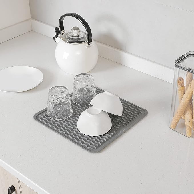 Silicone Dish Drying Mat for Multiple Usage,Easy clean,Eco-friendly,Heat-resistant Silicone Mat for Kitchen Counter or Sink,Refrigerator or Drawer liner Grey M 12 inches x 12 inches - Bloomnest