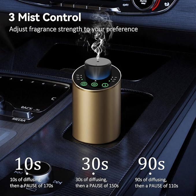 Waterless Essential Oil Diffuser Aromatherapy Scent Diffusers for Home Large Room, Bedroom, Car, Office, Desk, Battery Operated Mini Portable Air Freshener, 3 Countdown Timers & 3 Mist Levels, Gold - Bloomnest