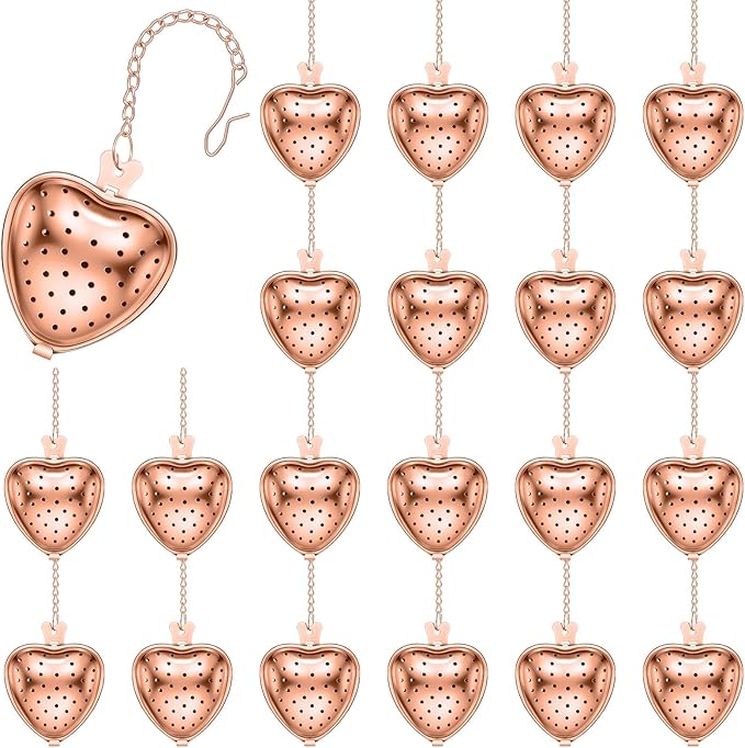 Sumind 25 Pcs Heart Tea Strainer Stainless Steel Ball Infuser Loose Leaf Steeper Interval Diffuser Mesh Filters with Extended Chain Hook for Cup Bottle Tea Party Wedding Bridal Shower(Rose Gold) - Bloomnest