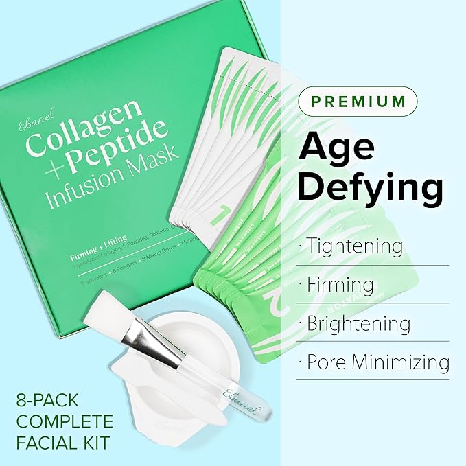 Ebanel Collagen Peptides Wash-Off Face Mask Set, 8 Pack Instant Skin Tightening and Lifting Masks, Brightening Face Mask with Niacinamide, Glutathione, Hyaluronic Acid, Vitamin C, Cica, B5, Albumen - Bloomnest