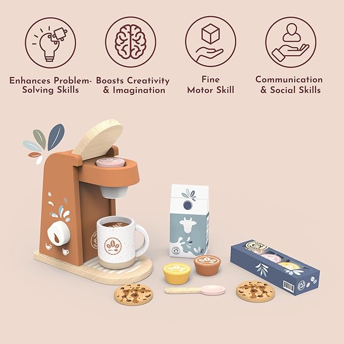 SPEEDY MONKEY Wooden Kids Coffee Machine Playset – FSC Certified Pretend Play Espresso Maker, Barista Role Play Café Set Toy for Toddlers, Boys & Girls, Coffee Grinder with Cups & Kitchen Accessories - Bloomnest