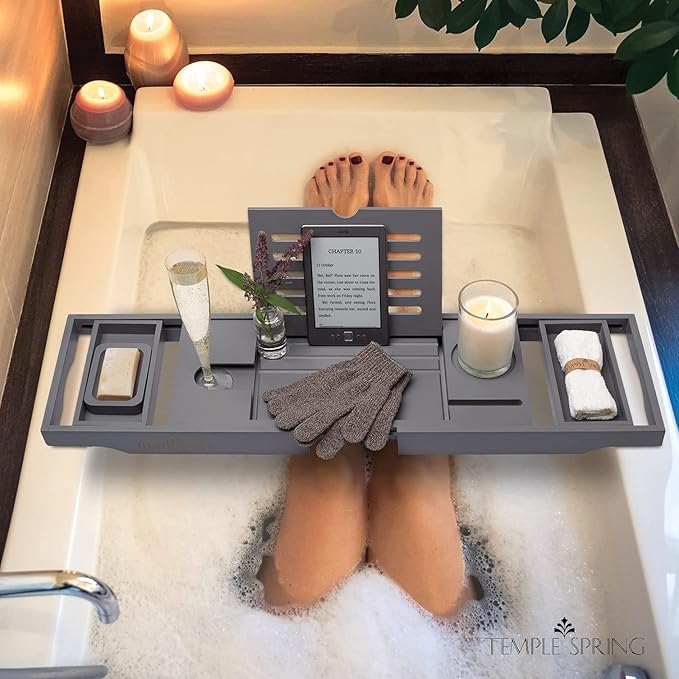 Temple Spring Wooden Bathtub Tray, Bamboo Bathroom Accessories, Bath Tray for Tub, at Home Spa Essentials, Board for Tub Table, Bath Caddy for Bathtub Accessories & Bathroom Essentials – Slate Grey - Bloomnest