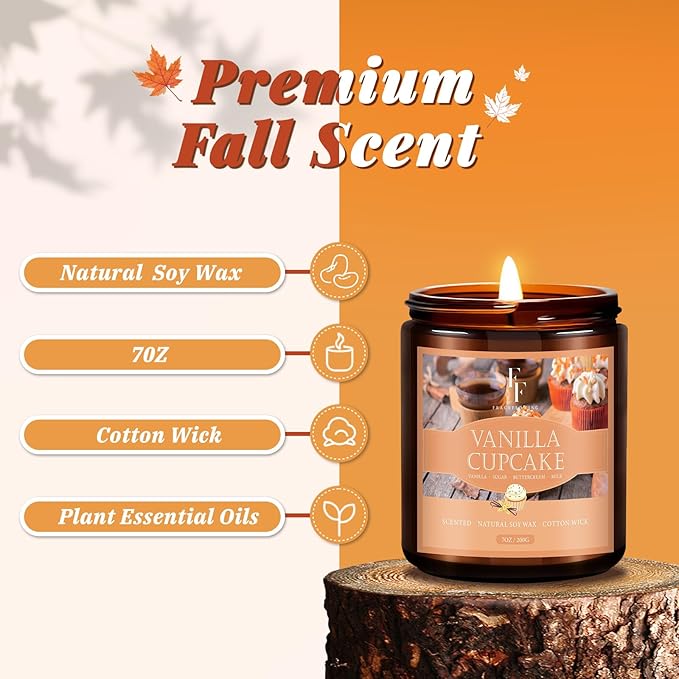 Fall Candle, Vanilla Cupcake Scented Candles for Home, Natural Soy Autumn Candle Aromatherapy Candle, 7 oz Jar Candles Fall Gifts for Women Men - Bloomnest