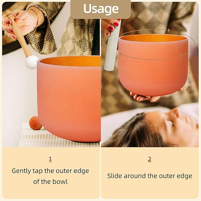 11 inch Orange D Note Sacral Chakra Quartz Crystal Singing Bowl, for Healing Mindfulness Meditation Yoga Sound Baths, with Rubber Mallet O-ring