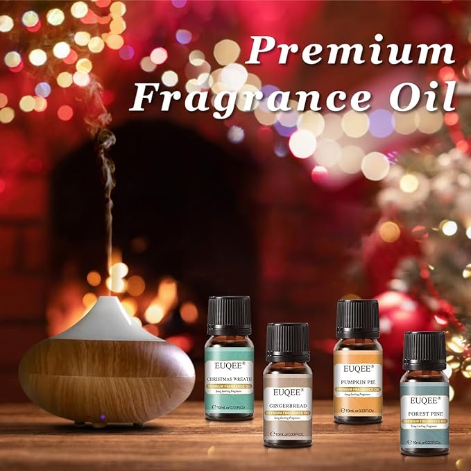 EUQEE Holiday Cheer Premium Fragrance Oils Set of 6 - Forest Pine, Christmas Wreath, Brown Sugar, Harvest Spice, Gingerbread, Pumpkin Pie - Scented Oils for Diffuser, Candle Making (10ml) EUQEE