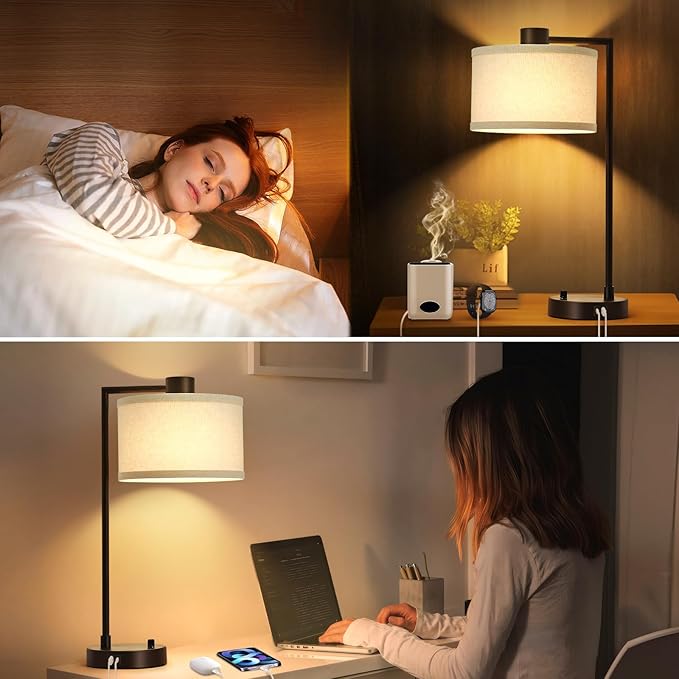 Luvkczc Table Lamp for Bedroom Set of 2 with USB C+A Ports - Fully Stepless Dimmable Bedside Lamp with Linen Lampshade - Contemporary Lamp for Living Room Reading Office, 2 Bulbs Included (Red Brown) - Bloomnest