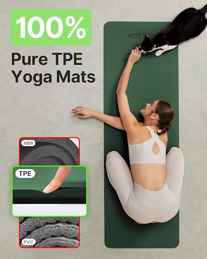 Yoga Mat,Non-Slip TPE Exercise Mat(1/4 Inch) for Pilates, Fitness & Barefoot Workouts, Home Gym Studio with Strap & Bag - Bloomnest
