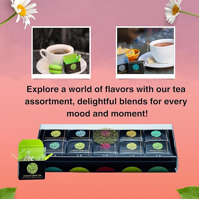 Ceremonie Tea Herbal Variety Pack - Kosher Set with Reusable Wooden Tray - Assorted Sampler With 10 Individually Wrapped Silky Mesh Bags - Single Serve Pouches - Bloomnest