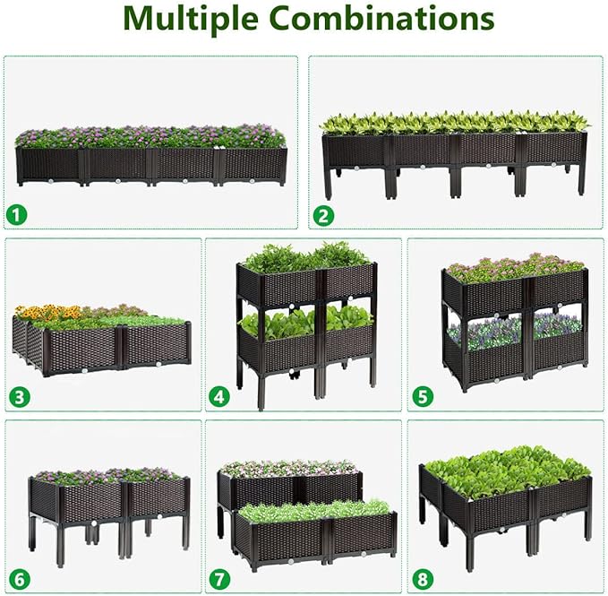 S AFSTAR Raised Garden Bed Kit, Set of 4, Elevated Planter Boxes with Self-Watering Design & Removable Legs, Outdoor Plastic Planter Box for Patio Yard Balcony Gardening, Rattan Pattern (Brown) - Bloomnest