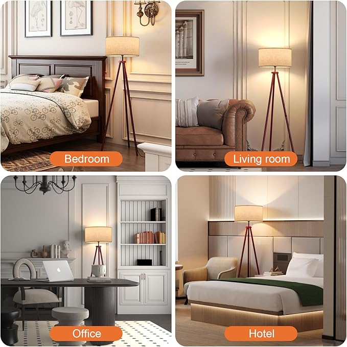 LiteHistory Wood Tripod Floor Lamps for Bedroom, Living Room, and Office, Corner lamp with Beige Linen Shade, 12W Three-Color Bulb Included, Pull Chain Switch, Gifts for mom for Home Decor, Walnut - Bloomnest