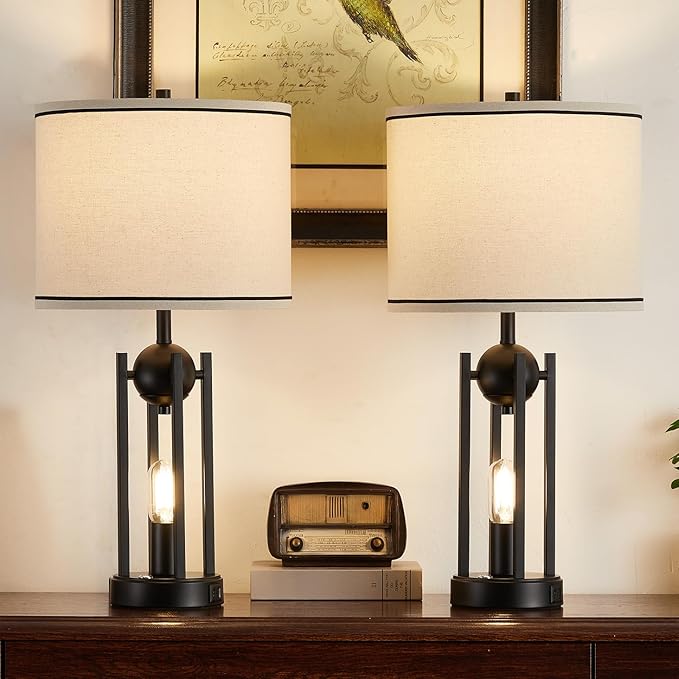 25'' Farmhouse Table Lamps for Living Room Set of 2 with USB C+A Ports, Vintage Bedside Lamp for Bedroom, Touch Lamps for Nightstand, Dual Lights Independent Switch, 4 Bulbs Included, Black - Bloomnest