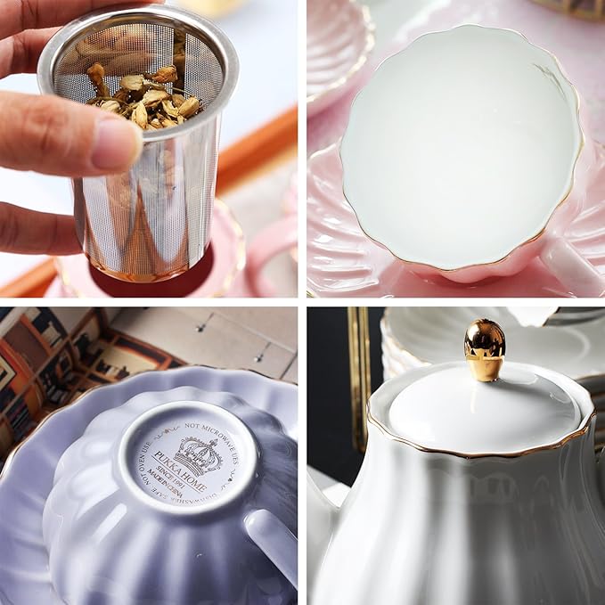 Porcelain Tea Sets British Royal Series, 8 OZ Cups& Saucer Service for 6, with Teapot Sugar Bowl Cream Pitcher Teaspoons and tea strainer for Tea/Coffee, Pukka Home(purple) - Bloomnest