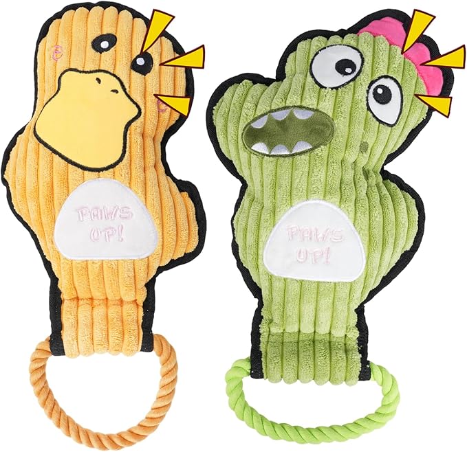 2-Pack Squeaky Dog Toys & Tough Tug of War Set - No Stuffing Chew-Resistant Plush Toys to Keep Them Busy, Best Birthday Gift for Small/Medium/Large Breeds (Ducks & Dino) - Bloomnest