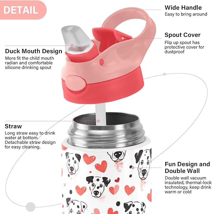 Love Dalmatian Dog Kids Insulated Water Bottle, Toddlers Tumbler Travel Cup with Straw & Handle Stainless Steel Cup for Travel School Girls 12 oz - Bloomnest
