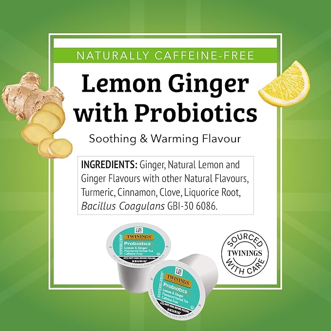 Twinings Probiotics+ Lemon & Ginger Herbal Tea 72 K-Cup Pods for Keurig, 12 Count (Pack of 6), Supports Digestive Health, Naturally Caffeine-Free, Enjoy Hot or Iced - Bloomnest