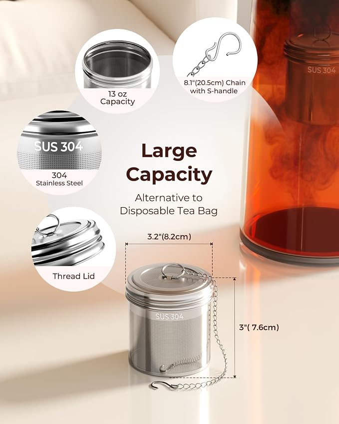 Reinmoson 2 Pack Large Tea Ball Infuser for Loose Leaf Tea & Spice Ball for Cooking Soup, 304 Stainless Steel, Threaded Lid, Chain Hook, Extra Fine Mesh Tea Strainer Ball for Herb, Iced Tea