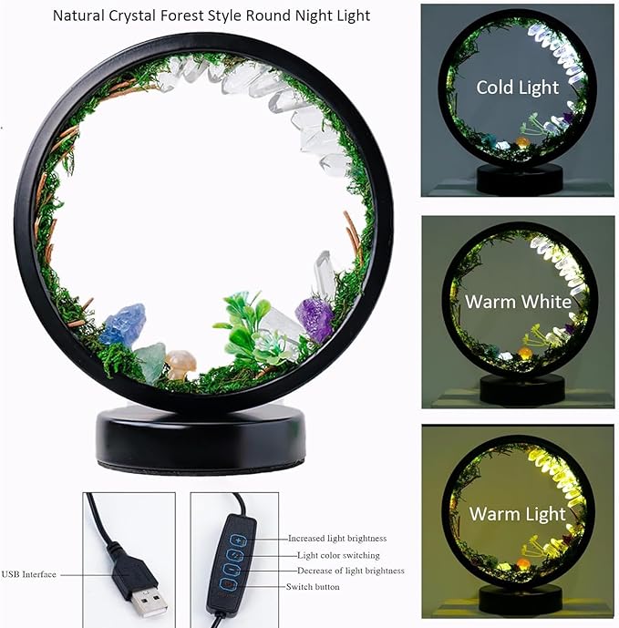 Runyangshi Forest Style Bedroom Night Light USB Port 3 Colours Dimming Mode Bedside Lamp Natural Clear Quartz Single Crystal Healing Crystal Night Lamp for Bedroom Office Home Decor Gift - Bloomnest
