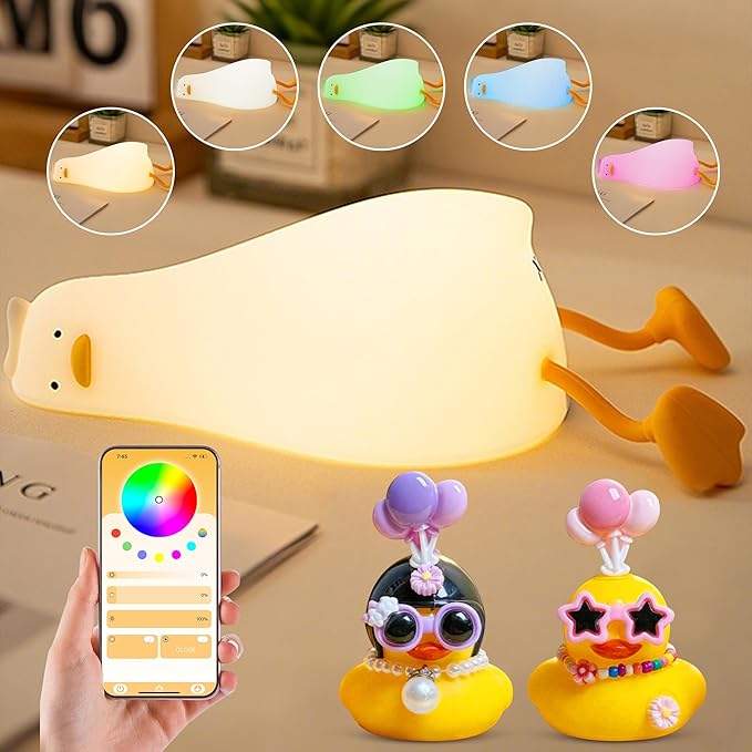 Cute Duck Night Light with Color Changing, APP/Tap Control Fun Lying Flat Ducky Lamp with Blind Box Gift,Soft Silicone Nursery Nightlight,Dimmable/Timing Bedside Touch Lamp,Baby Adults Kids Room Decor - Bloomnest
