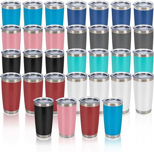 IEOVIEE 32 Pack, 20oz Stainless Steel Bulk Tumblers with Lids and Straws, Double Wall Insulated Travel Mug, Durable Powder Coated Tumbler Bulk Cup for Cold and Hot Drinks(Mixed color) - Bloomnest