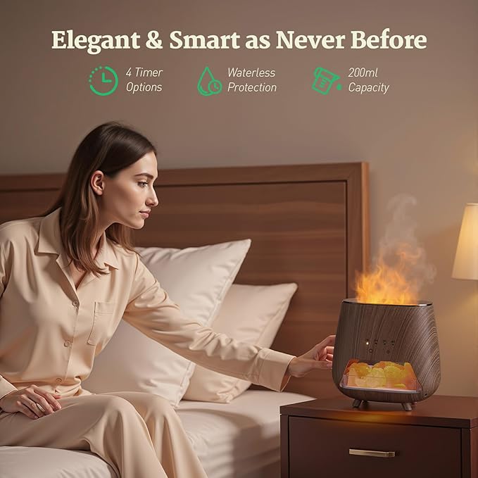Essential Oil Diffuser for Home: 200ml Aromatherapy Diffuser with Himalayan Pink Salt Rock, Cool Mist Humidifier with Auto Off Function and 9 Colors LED Night Light for Bedroom, Black - Bloomnest