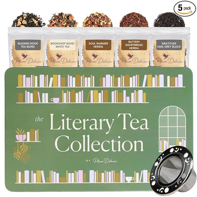 Literary Tea Collection Assorted Tea Gift Set - Hand-Crafted Loose Leaf Teas, Presentation Gift Box with Loose Leaf Steeper Included - Mixed Caffeine - 5 Unique and Flavorful Teas, 75+ Cups - Bloomnest