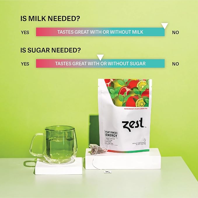 Zest Energy Green Tea – Pomegranate Mojito High Caffeine Tea Bags for Focus & Morning Energy – Natural Caffeinated Tea with 135mg Caffeine – Coffee Substitute – 20Ct Pack, Non-GMO & Keto Friendly - Bloomnest