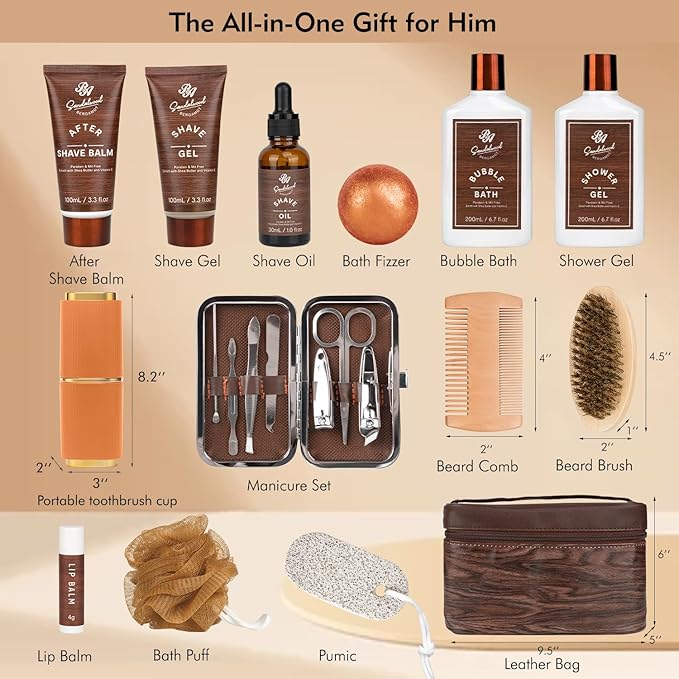 Valentines Day Gifts for Men, 21 Pcs Sandalwood Bath & Body Care Kit, Beard Gift Set for Men, Shave Beard Kit, Leather Bag, Home Spa Kit, Relaxing Men's Gift Basket, Birthday, Father's Day Gift - Bloomnest