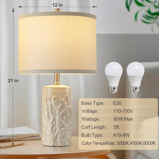 Luvkczc Modern Ceramic Table Lamps Set of 2 for Living Room White Desk Lamps for Bedroom Decor Farmhouse Table Lamp nightstand lamp for Office Dorm - Bloomnest