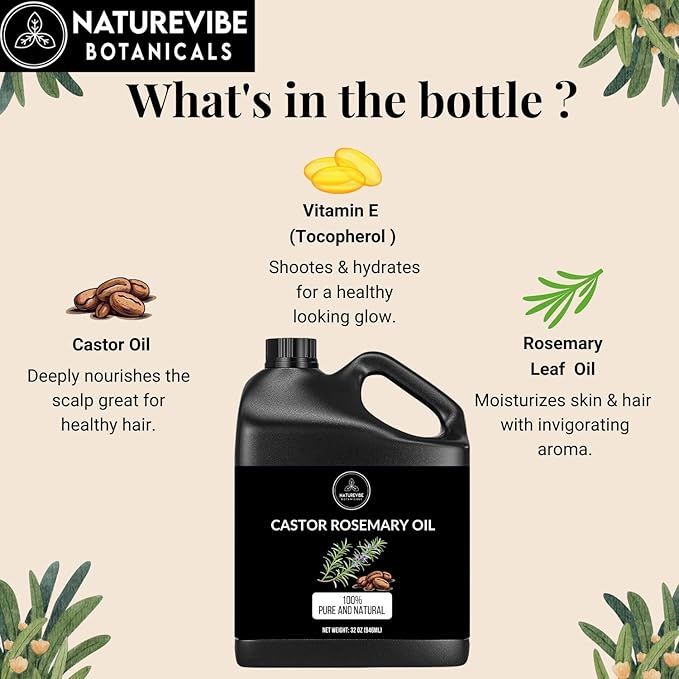 Naturevibe Botanicals Castor Rosemary Oil 32 Ounces | 100% Pure and Natural | Great for Skin Care and Hair Care - Bloomnest