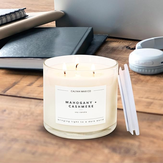 Calyan Wax Co. Mahogany & Cashmere 3 Wick Scented Candle - 43 Hour Burn - Luxury 3 Wick Soy Candles - Non Toxic Soy Wax Candles - Long Lasting Large Glass Jar Candle for Home - 14.9oz - Bloomnest