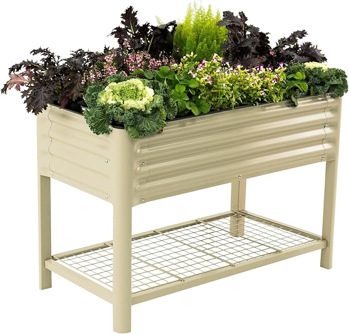 Elevated Raised Garden Bed-V Series, 2' x 4' Garden Beds with Legs & Storage Rack for Patio Porch, 700 Lbs Weight Capacity, Outdoor Planter Boxes for Gardening Herbs Vegetables Flowers, Pearl White - Bloomnest