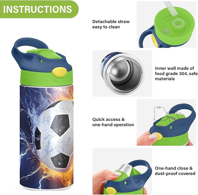 Soccer Fire Electric Spark Kids Water Bottle with Straw Lid Insulated Tumbler with Handle Stainless Steel Reusable Toddlers Cup for Kids Boys 12 oz - Bloomnest