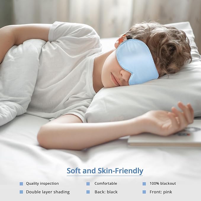 Kids Sleep Mask Eye Cover, 100% Real Natural Pure Silk Eye Mask with Adjustable Strap, Blindfold Kids Eye Mask for Sleeping, Eye Shade for Boys Girls and Adult, Pressure-Free Comfort (Blue) - Bloomnest