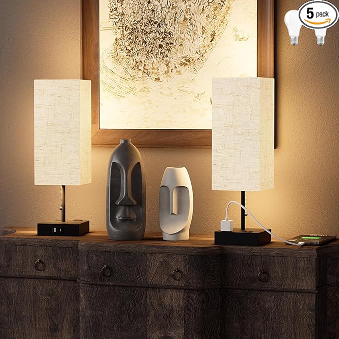 Table Lamp for Bedroom with USB,Bedside Lamp with USB C+A Charging Ports,Adjustable 3color LED Light for Home Decor/Nightstand/Office,Included Bulb and Fabric Lamp Shade (Linen White, 2PCS) - Bloomnest
