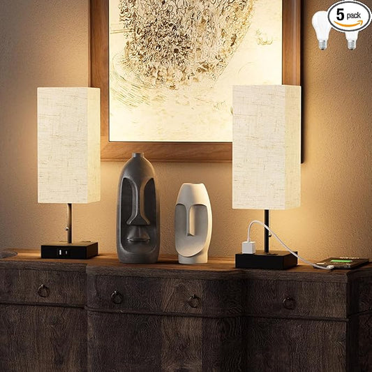 Table Lamp for Bedroom with USB,Bedside Lamp with USB C+A Charging Ports,Adjustable 3color LED Light for Home Decor/Nightstand/Office,Included Bulb and Fabric Lamp Shade (Linen White, 2PCS) - Bloomnest