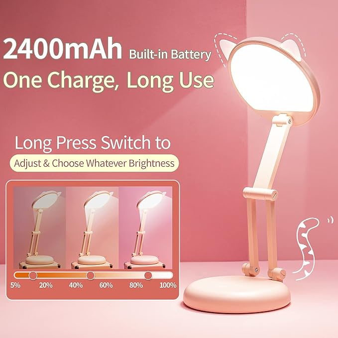 One Fire Cute Desk Lamp Pink Dorm Lamps for College Girls Foldable Portable Rechargeable Dimmable Cute Cat Lamp Kawaii Room Decor,College Dorm Decor for Girls Pink Classroom Essentials - Bloomnest