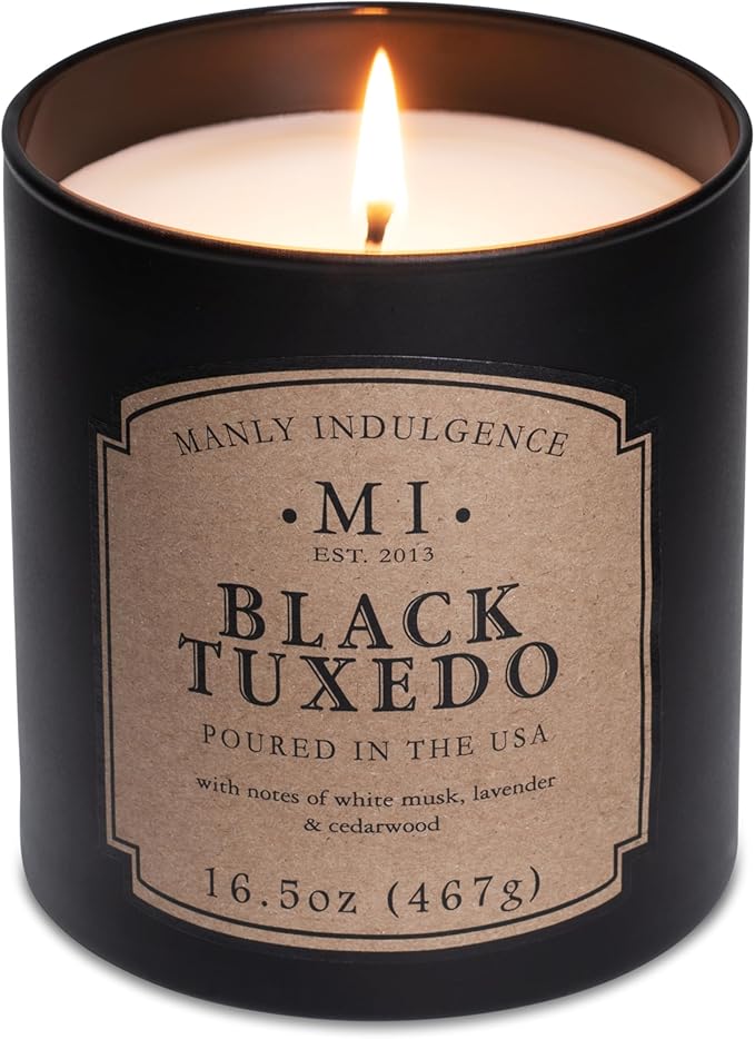 Manly Indulgence Black Tuxedo Jar Candle 16.5 oz - White Musk, Lavender, Cedarwood, Jasmine & Earthy Orris - Up to 60 Hour Burn - Soy Blend Wax, USA Poured - Bloomnest