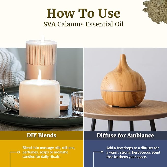 SVA Calamus Essential Oil – 1 Fl Oz – 100% Natural Calamus Oil - for Diffuser, Hair Care, Face, Skin Care, Aromatherapy, Scalp and Body Massage, Soap and Candle Making – with Dropper - Bloomnest