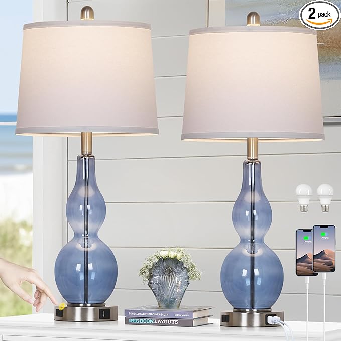 27.5" Coastal Blue Glass Double Gourd Table Lamp Set of 2,3-Way Dimmable Touch Control Bedside Lamps with USB Ports and AC Outlet, Nautical Nightstand Lamps for Bedroom Living Room - Bloomnest