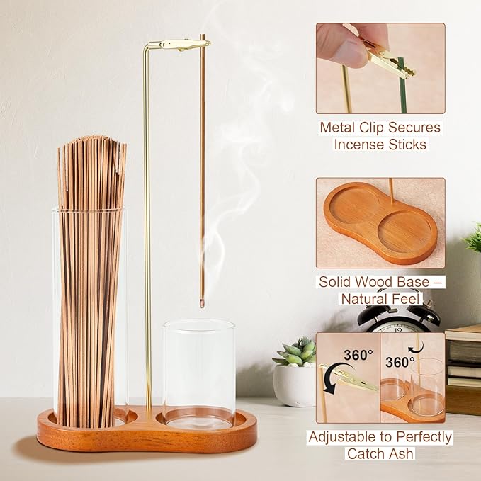 2-in-1 Incense Holder with Glass Ash Catcher, Anti-Ash Flying Incense Burner & Stick Organizer with Dark Wood Base for Meditation Yoga Spa Home Decor - Bloomnest