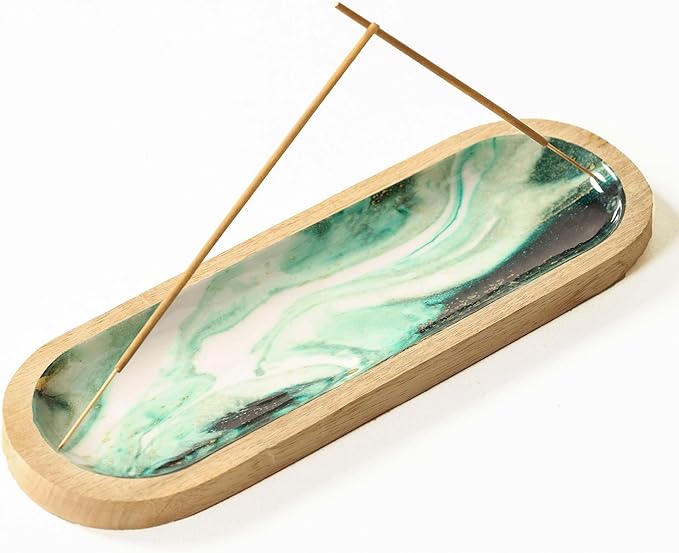The Art Box Hand-Painted Incense Burner Holder Aquamarine - 12x4x1 inch Wooden Long Incense Stick Tray Holder for Modern Gift, Ash Catcher Incense Stick Holder - Meditation & Yoga - Bloomnest