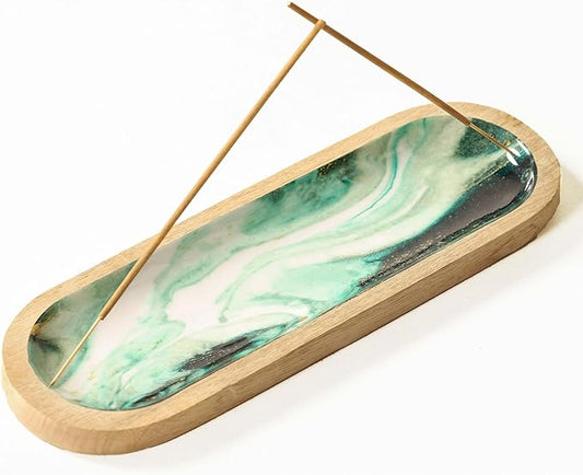 The Art Box Hand-Painted Incense Burner Holder Aquamarine - 12x4x1 inch Wooden Long Incense Stick Tray Holder for Modern Gift, Ash Catcher Incense Stick Holder - Meditation & Yoga - Bloomnest