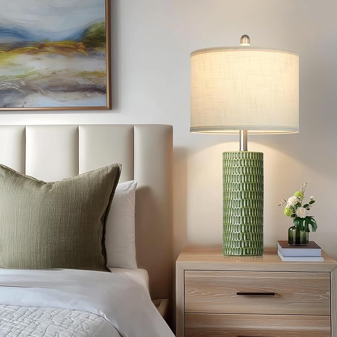 Modern Ceramic Table Lamps for Night Stands - Bedside Lamps Set of 2 for Nightstand, 27" Green Elegant Bedroom Lamp for Night Stand Desk Side End Table Home Decor(2 Bulbs Included) - Bloomnest