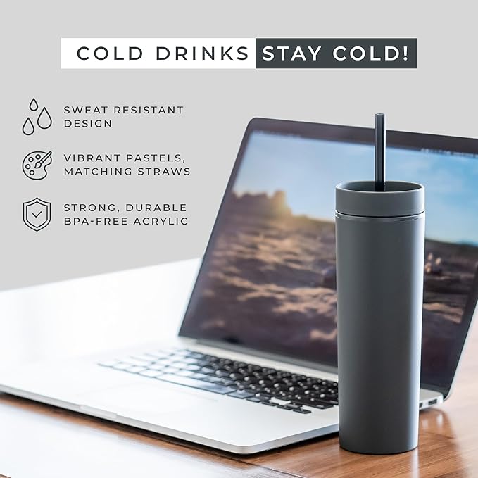 STRATA CUPS Black Skinny Tumblers with Lids and Straws (12 pack) - 16oz Double Wall Acrylic Tumbler, Tall Matte Skinny Tumblers, Bulk with Free Straw Cleaner, Reusable Cups - Bloomnest