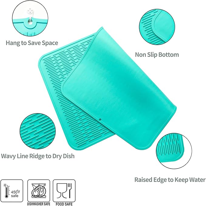 Silicone Dish Drying Mat for Multiple Usage,Easy clean,Eco-friendly,Heat-resistant Silicone Mat for Kitchen Counter or Sink,Refrigerator or Drawer Liner Mint 3XL 28 inches x 18 inches - Bloomnest