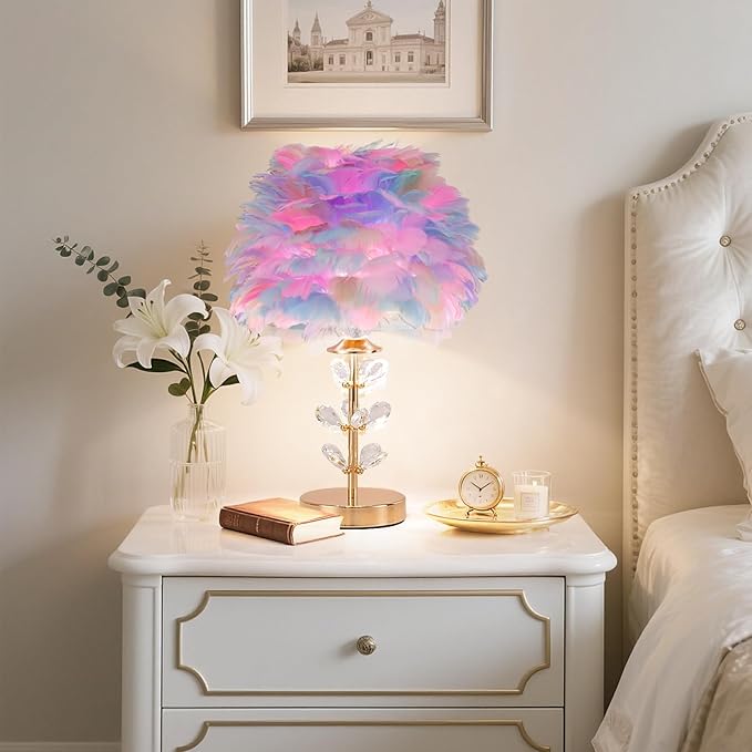 Colorful Feather Lamp Romantic Bedside Nightstand Lamp Creative FfluffyTable Lamp Modern Furry Desk Light for Princess Girls Bedroom Living Room Wedding Christmas Gift Deco Entry Office - Bloomnest