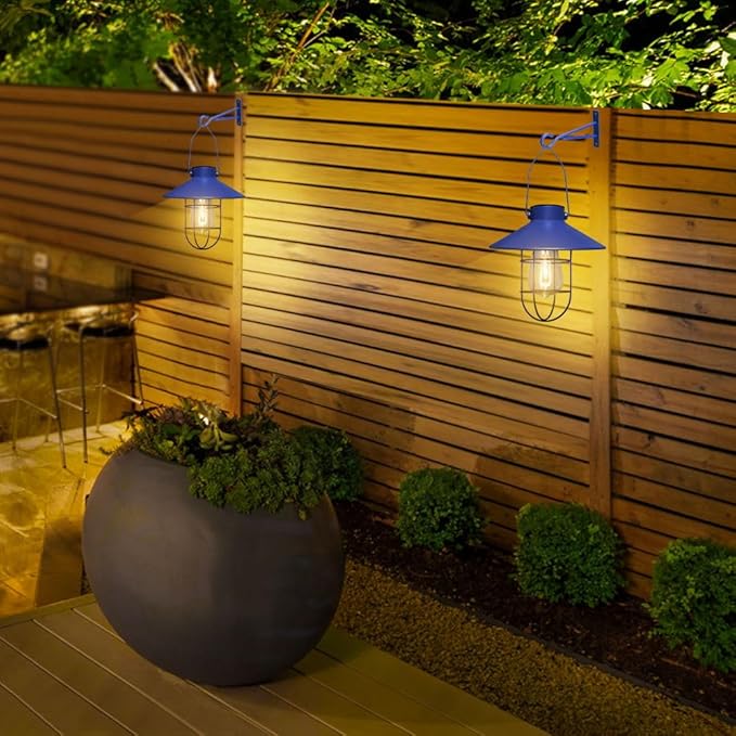 pearlstar Solar Lantern Outdoor Hanging Light Metal Farmhouse Solar Lamp with Warm White Edison Bulb Design for Garden Yard Patio Proch Decor(Blue) - Bloomnest