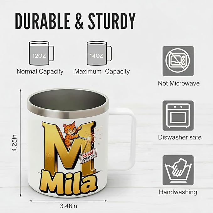JugJug Personalized Funny Cat Mug with Initial & Name - Naughty 12oz Insulated Coffee Cup w/Lid - Sarcastic Gifts for Cat Lovers, Girls, Women (B172) - Bloomnest